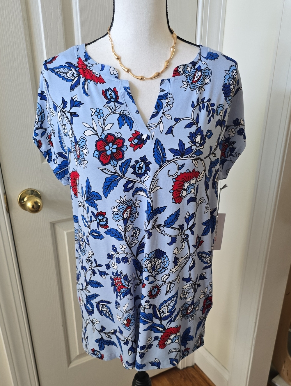LIZ CLAIBORNE BRAND WOMENS BLUE & RED FLORAL SHORT SLEEVES SUMMER TOP SIZE LARGE